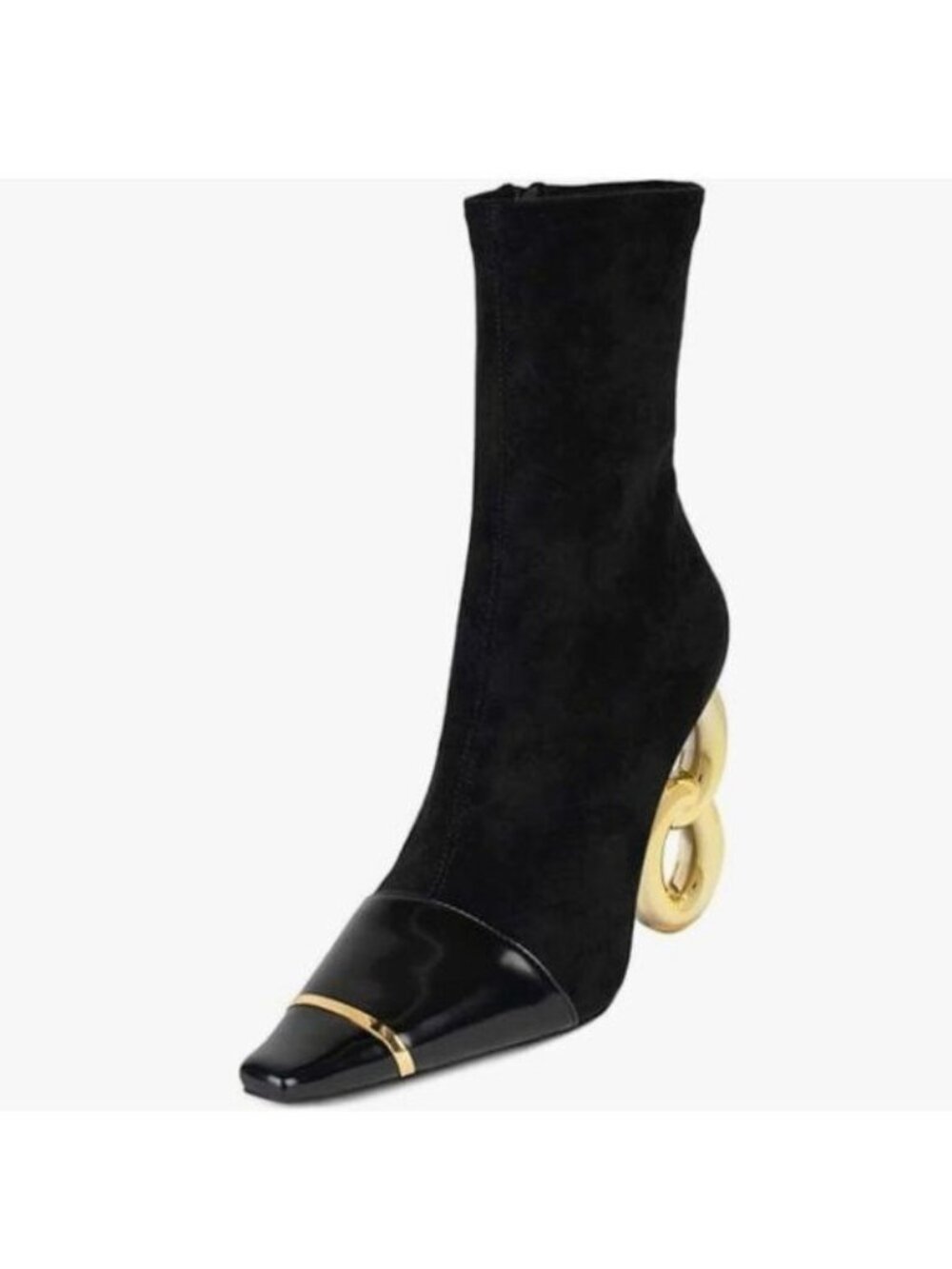 FSJ Black Square Toe Ankle Boots Gold Metal Chain High Heel Sexy Cap Toe Shoes